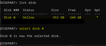 Screenshot showing a Windows command prompt running "diskpart" utility, with the commands "list disk", and "select disk 0".