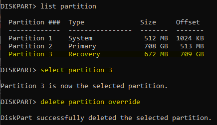 Screenshot showing a Windows command prompt running "diskpart" utility, with the commands "list partition", "select partition 3" and "delete partition overide".