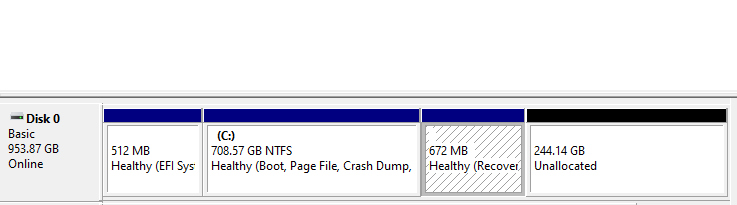 A tragic screenshot from my Disk Management tool, depicting a recovery partition between NTFS and unallocated partitions.