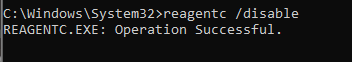 Screenshot showing a Windows command prompt with "reagentc /disable" being ran